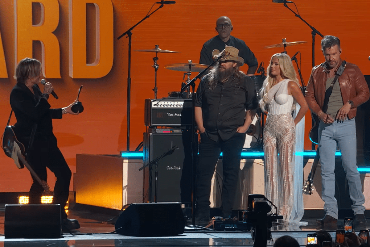 Keith Urban, Chris Stapleton, and Megan Moroney on stage at the ACM Awards
